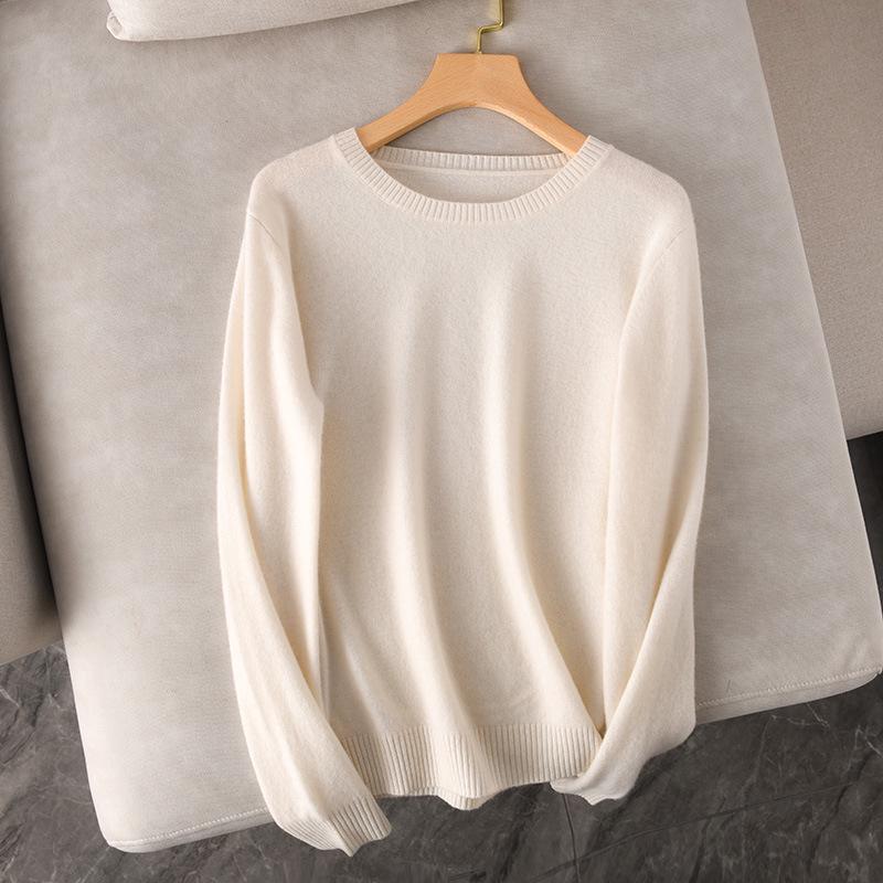 Dámský 100% vlněný pletený svetr s kulatým výstřihem a dlouhým rukávem – Jednobarevný pro podzim a zimu