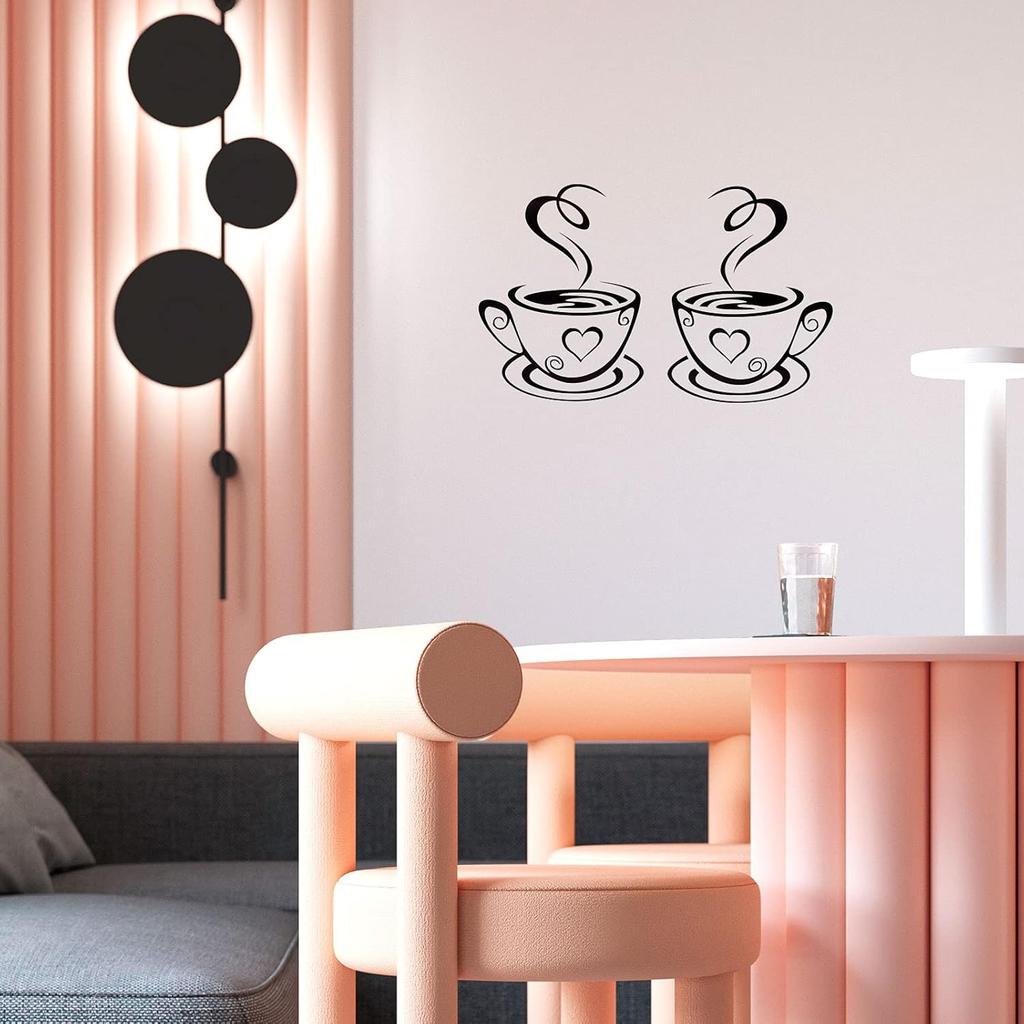 2 PCS Coffee Bar Wall Decor - Wall Sticker with Two Coffee Cup Art - Removable Signs for Kitchen, Office, Home, Shop, Cafe, Pub, Restaurant - 12.2 x