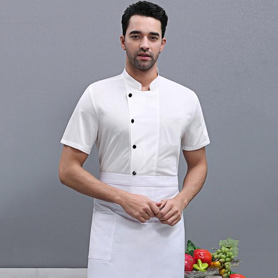 Hotel Chef Clothes Stand Collar Single Breasted Short Sleeve Breathable Overalls Stain Proof Cotton Blend Summer Chef Shirt Restaurant Kitchen
