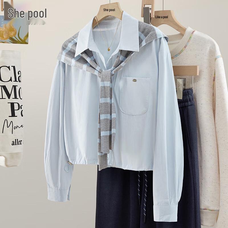 Women s Lapel Long-Sleeve Cropped Shirt One Size