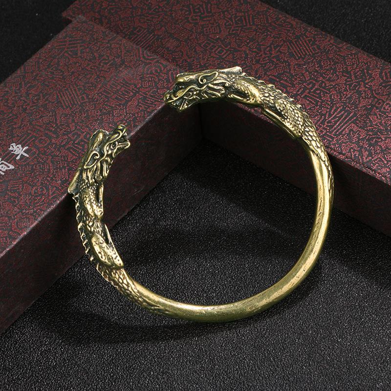 Vintage Distressed Double Dragon Head Round Bar Bangle Chinese Trendy Solid Antique Brass Craft Cuff