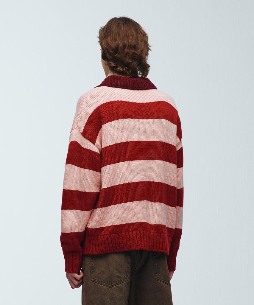 KNITTED Open Collar Striped Knit Red