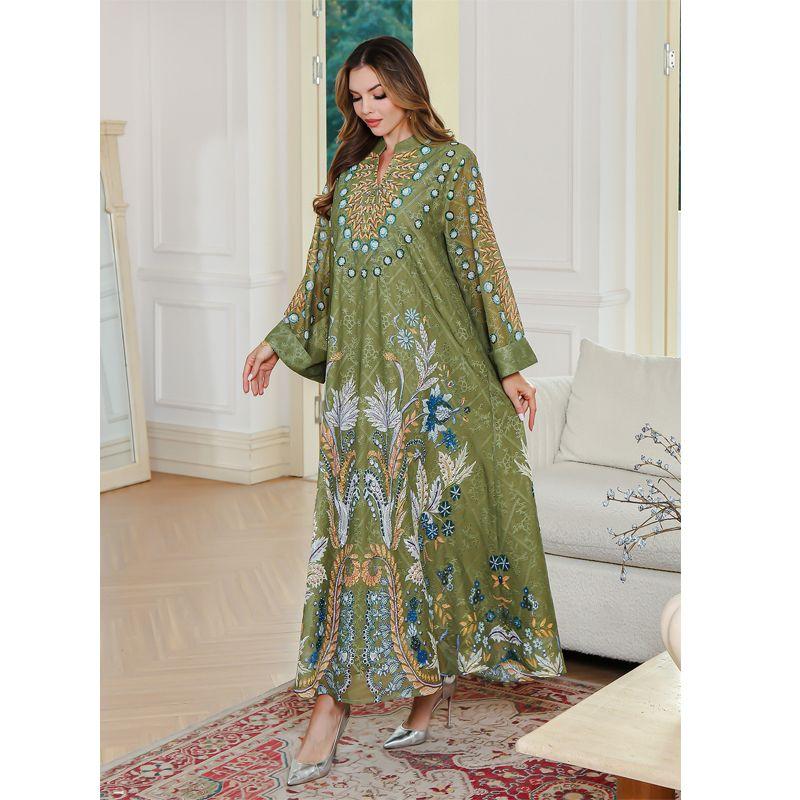 Indonesia Middle East Morocco Embroidery Diamond Print Long Sleeve Robe Women Long Travel Dubai Dress Dress
