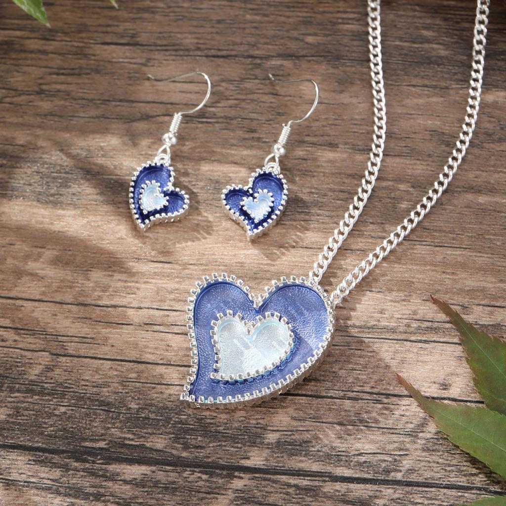 Luxury new color painting oil love earrings pendant set, imitation diamond heart-to-heart earrings necklace set