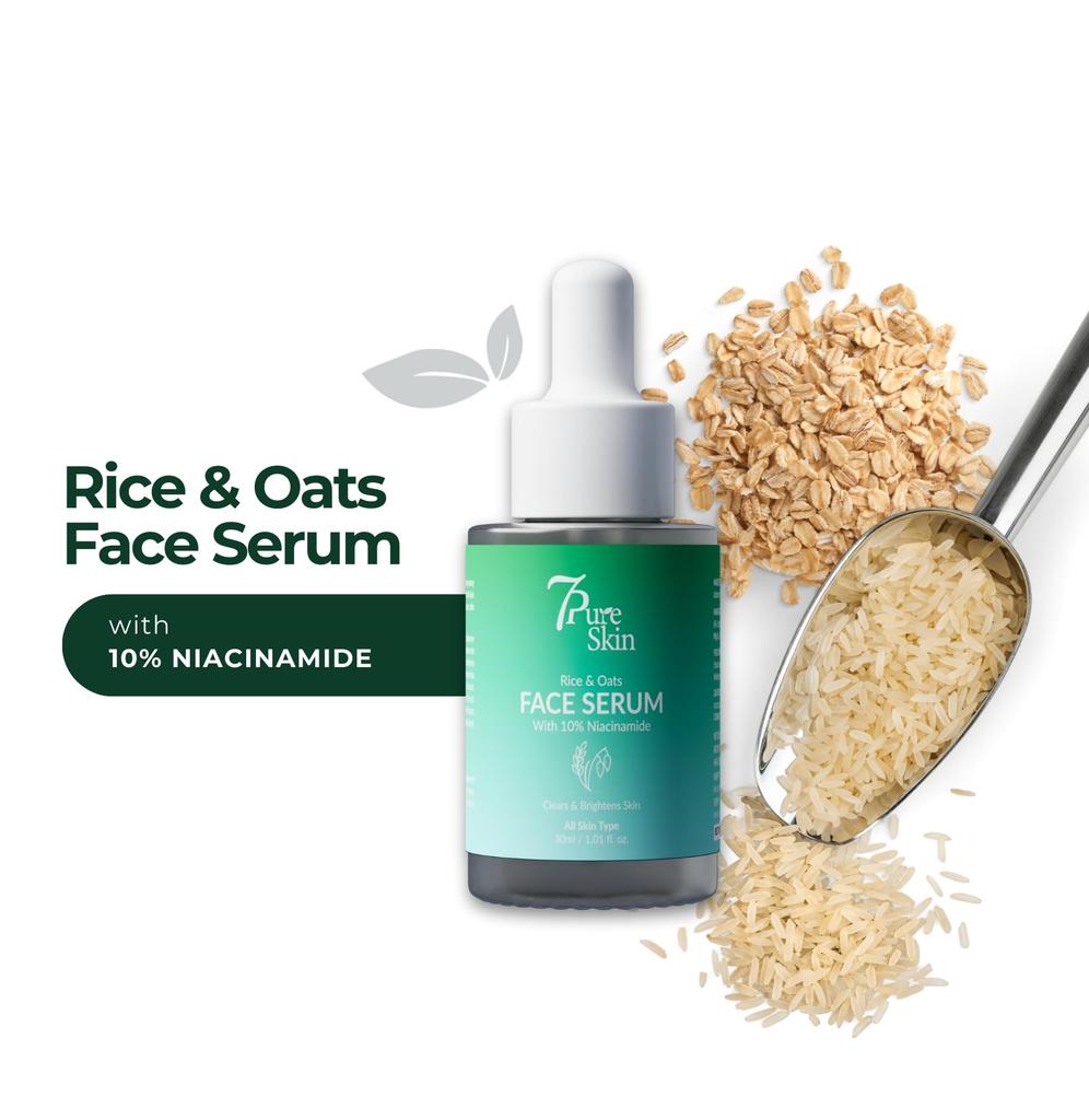 7Pure Skin Rice & Oats Face Serum with 10% Niacinamide, Hyaluronic Acid, Aloe Vera, Green Tea, Licorice Extract, Lightweight, Non-Greasy, 30ml