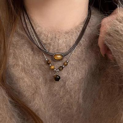 Vintage Leather Brown Stone Pendant Necklace Stacking Choker Temperament Clavicle Chain For Women Girl Autumn Winter Necklace