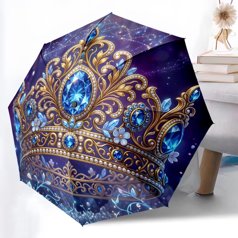 1pc Sturdy 8-Bone Auto Umbrella, Crown Umbrella, Digital Printed, Foldable Umbrella for On-the-Go Outdoor Use