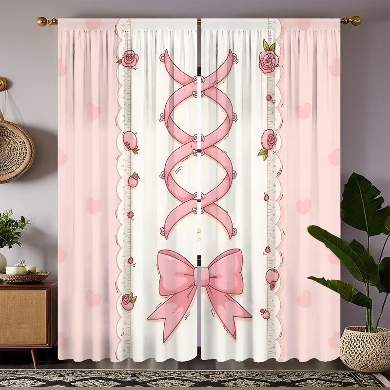 

2PC Pink Bowknot Lace Curtains Sweet Heart Rose Print Light Filtering Drapes Kawaii Home Decor for Kitchen Bedroom 24x59in(60x150CM)x2&Rod Pocket