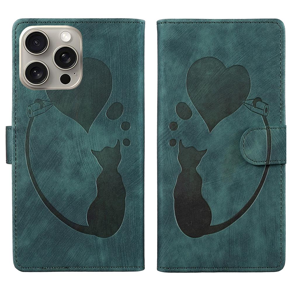 For iPhone 16 Pro Max Case Heart Cat Folding Stand PU Leather Phone Cover