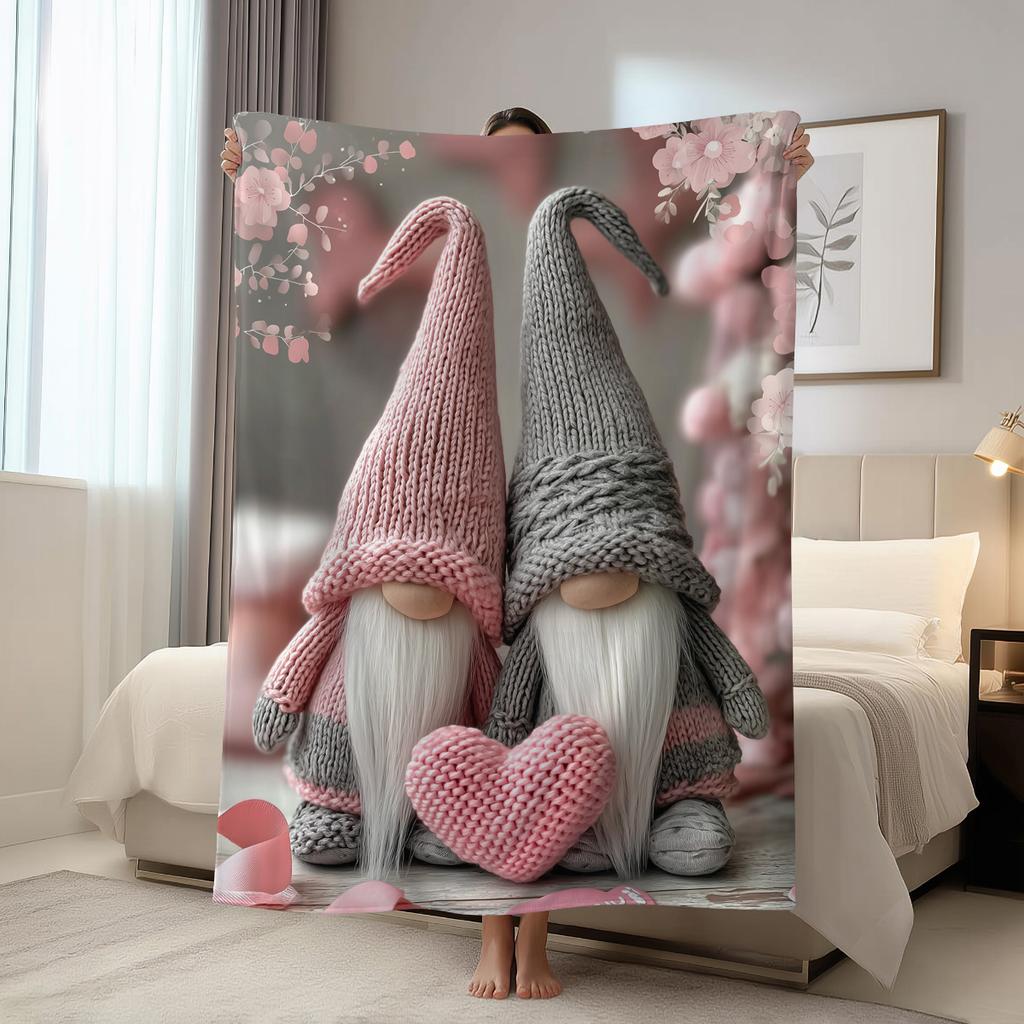 1pc Valentine's Day Blanket, Super Soft and Comfortable Nap Blanket, Romantic Couple Gnome Heart-shaped Printed Blanket, Gifts