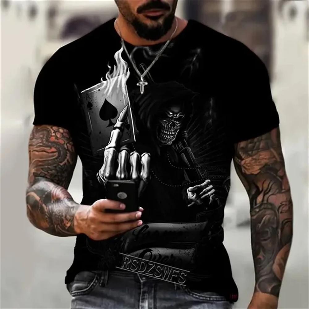 Summer Round Neck 3D Interesting and Terrifying Skull Pattern Print Top Fashionable Casual Short Sleeved Men's T-shirts
