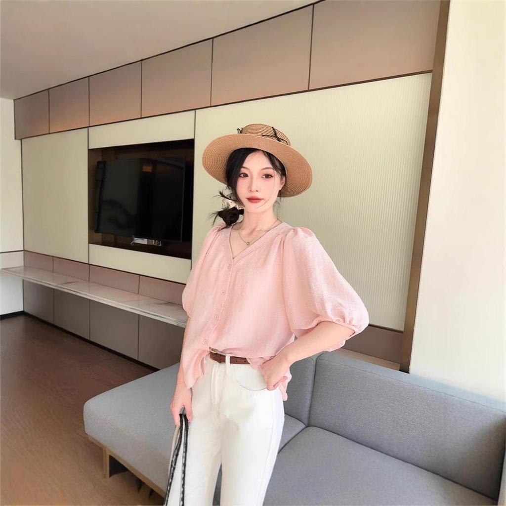 2025 Summer Women's Fashionable Loose V-Neck Short Sleeve Cardigan Top