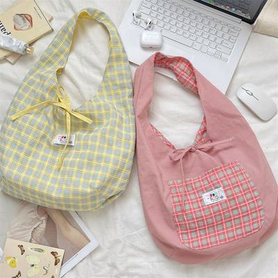 Summer New Girl Heart Plaid Double-sided Back Literary and Light College Student Single Shoulder Heart Bag