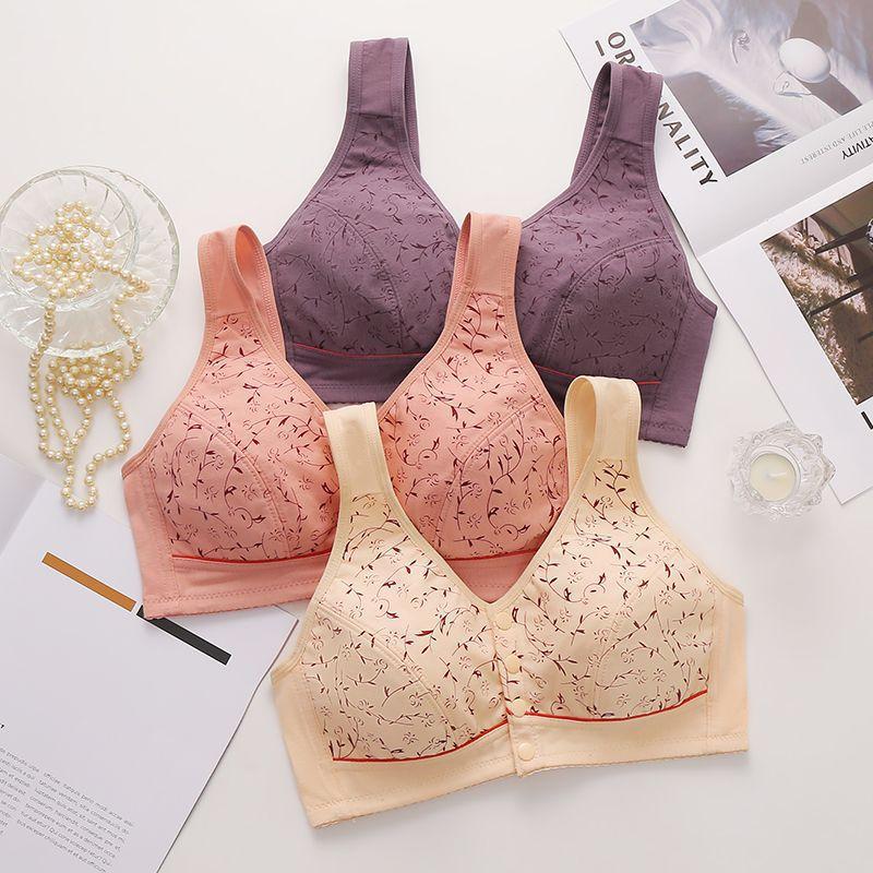 Plus Size Cotton Bra for Mature Women Soft Thin Cup Front Closure Wireless Tank Top Printed Bra Comfortable Full Coverage Supportive Underwear