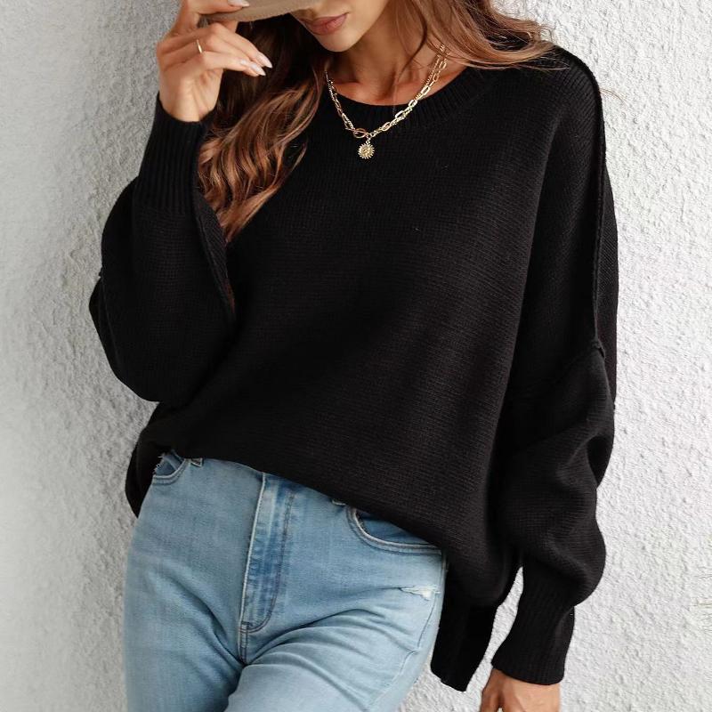 IHUASU Autumn and Winter Fashion Women's O-Neck Knit Loose Split Pullover Sweater
