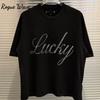 RogueWave Men Women Rhinestone Lucky Letter Graphic T-Shirt I Feel Lucky Print Y2K Streetwear Oversized Crew Neck Short Sleeve Cotton Tee