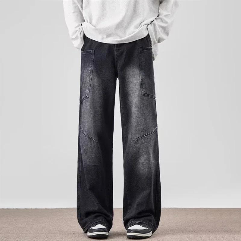Spring Men's Vintage Multi-Pocket Cargo Jeans Vintage Distressed Baggy Denim Pants High Street Straight Wide Leg Jean