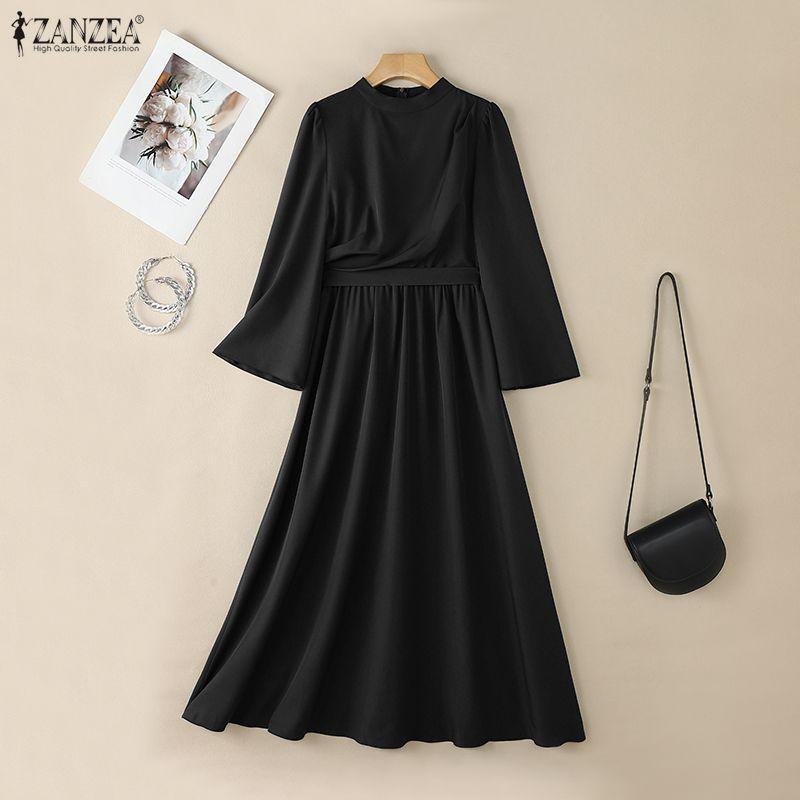 ZANZEA Women Casual Stand Collar Long Sleeve Looose Elegant Maxi Long Dress