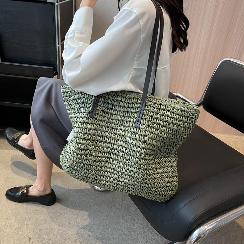 Luxury Design Straw Woven Tote Bags for Women Large Capacity Shoulder Beach Bag Pure Color Summer New Big Shopping Handbag