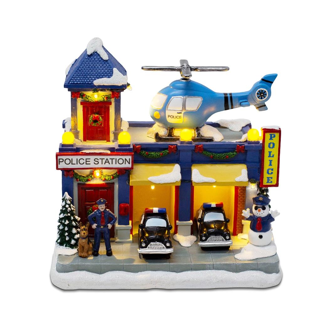 Animated Christmas Village Police Station Lighted Musical with Moving Car & Rotating Helicopter Collectible Building for Holiday