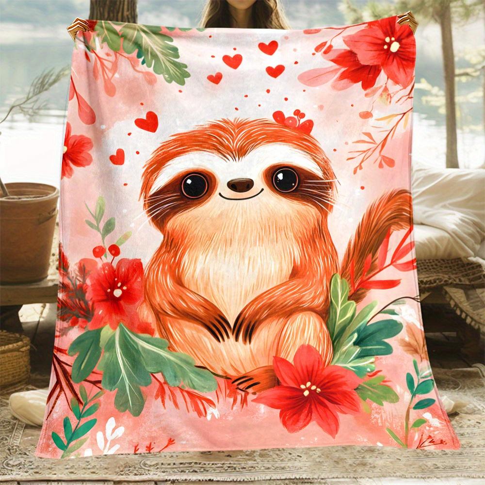 1pc Cute Sloth with Flowers Flannel Blanket Red Heart Pattern Animal Print Soft Throw Home Decor Love Theme Blanket 75X95CM