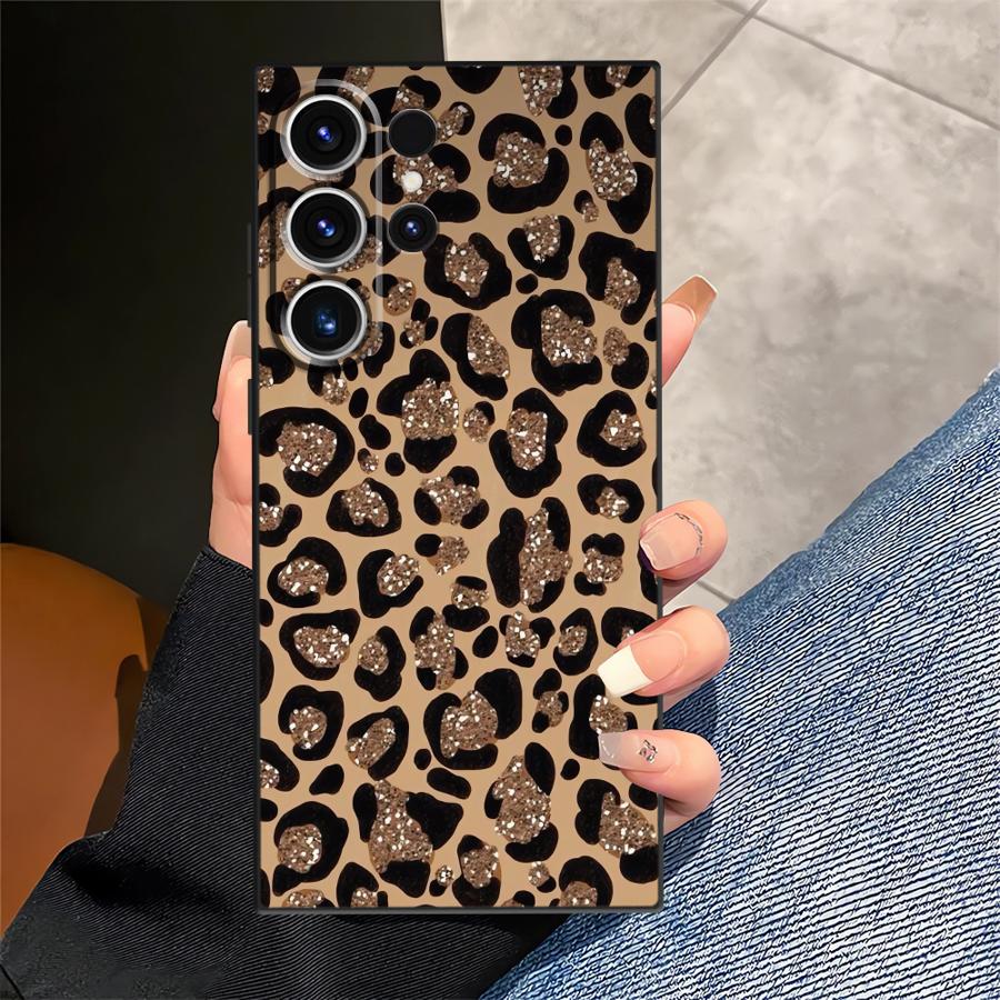 Black Soft Phone Cover Case for Samsung Galaxy S23 Ultra S25 Edge S24 Plus S20 S21 FE Cartoon Leopard Print Pattern