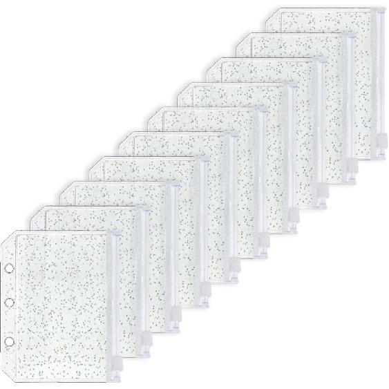 10pcs A5 Cash Stuffing Envelopes Zipper Binder Pockets Clear Glitter PVC 6 Hole Zip Sleeves Loose Leaf Pouches for 6 Ring Binder Planner (A5 5.91" x