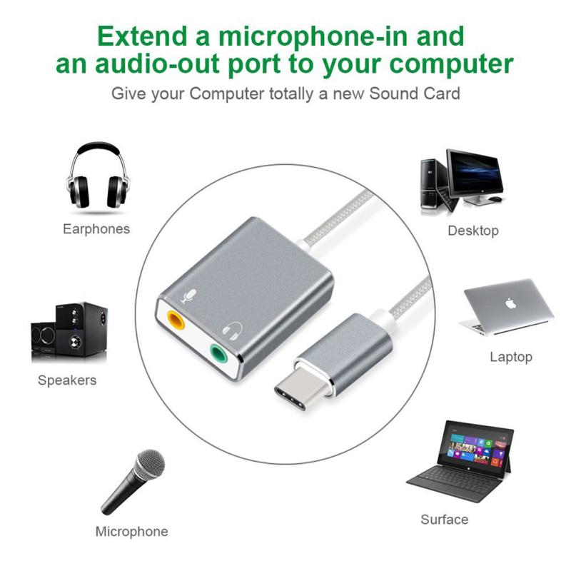 USB Type C External Stereo Sound Card Audio Adapter with 3.5mm Headphone and Microphone Jack for