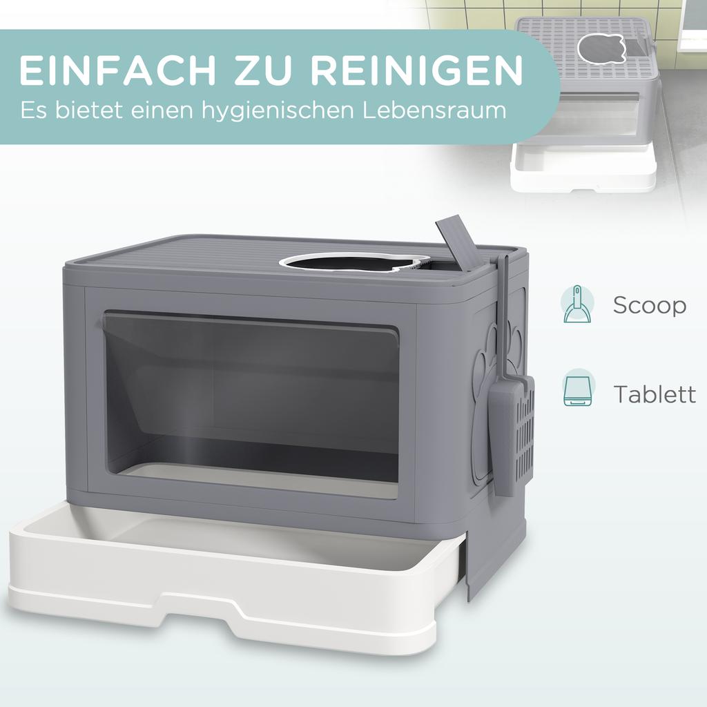 Enclosed Cat Litter Box with Lid, Front Entry, Top Exit, Drawer, Tray, Scoop, Brush, 48.5 X 38 X 36.5cm - Grey