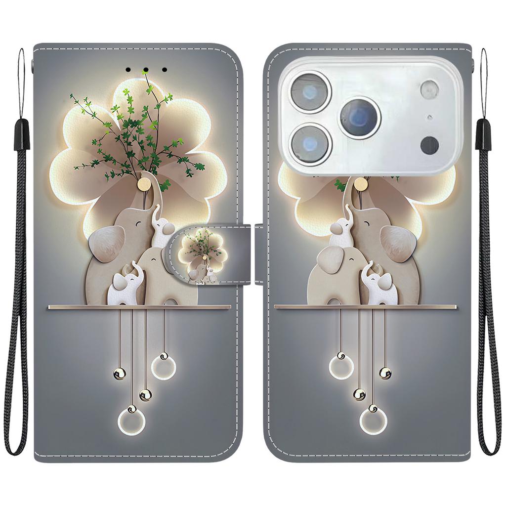 Pro iPhone 17 Pro Pouzdro Vzorový Tisk Odolné proti Pádu Kožené Vyklápěcí Peněženkové Pouzdro na Telefon se Šňůrkou