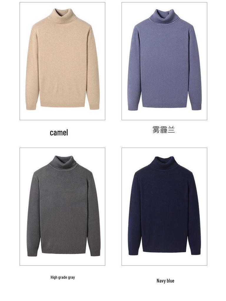 Men's Ribbed Wool High-Neck Sweater with Fleece, Warm Knitted Long Collar for Autumn and Winter