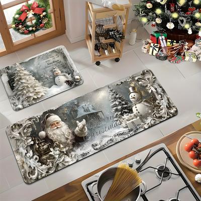Juego de 2 Alfombras de Cocina Navideñas - Alfombras Ligeras, Antideslizantes, Lavables a Máquina con Patrones de Papá Noel, Muñeco de Nieve, Árbol y Flor de Pascua Ideal para las Fiestas