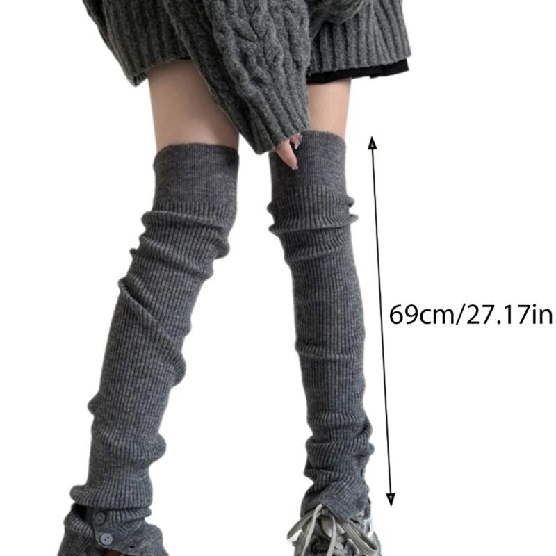 Japanese Ballet Styles Thigh High Leg Warmer Ribbed Knitted Split Buttons Over Knee Footless Socks for Fashionable Women