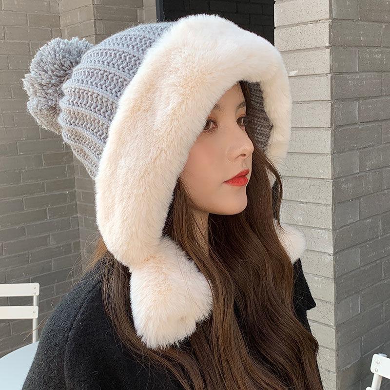 Knitted Hat Big Head Korean Version Velvet Warm and Cold Cotton Hat Women's Autumn and Winter Wool Hat Trendy Brand
