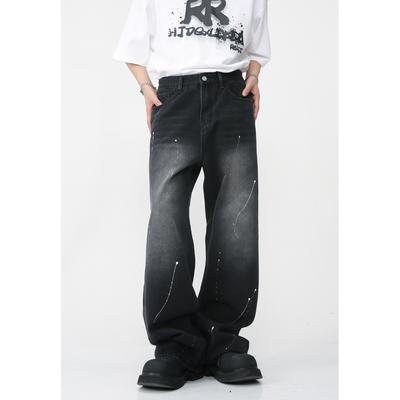 Men's Four Seasons New Product Korean Loose Straight Barrel Personalized Painted Denim Pants