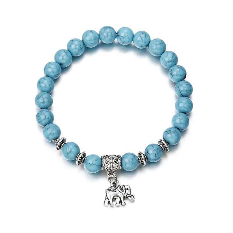 Blue Round Bead Elastic Bracelet with Elephant Charm