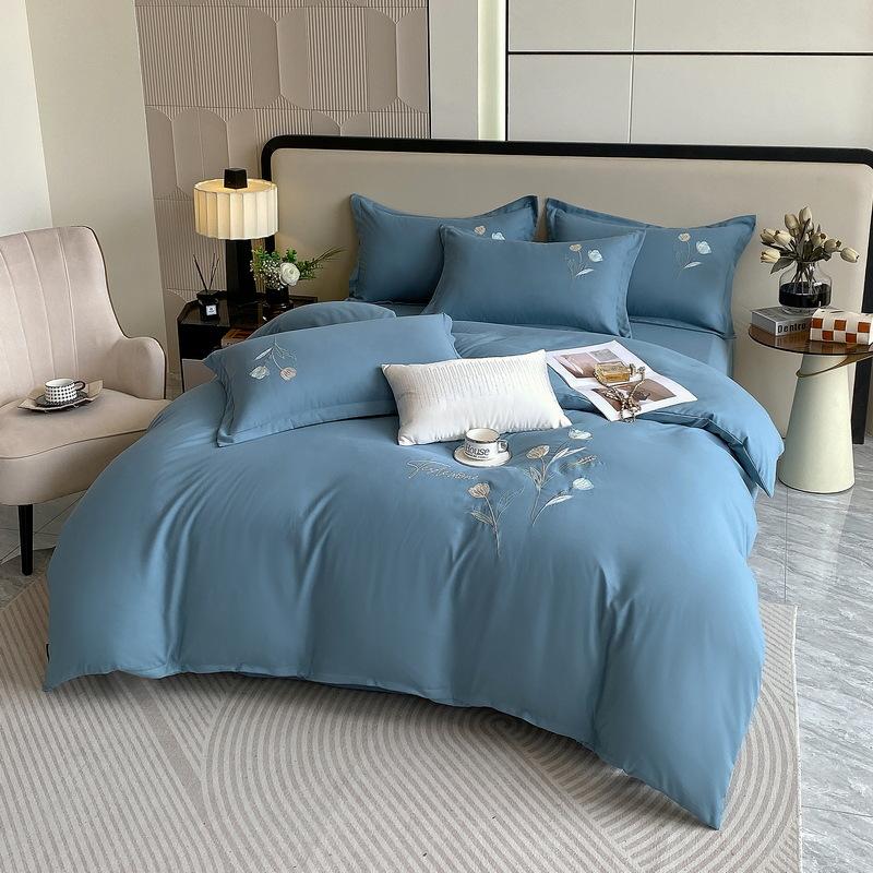 Home Textile Solid Color Embroidery Bedding Four-Piece Set Of Polished Washed Cotton Class A Maternal And Infant Grade Quilt Cover Sheets