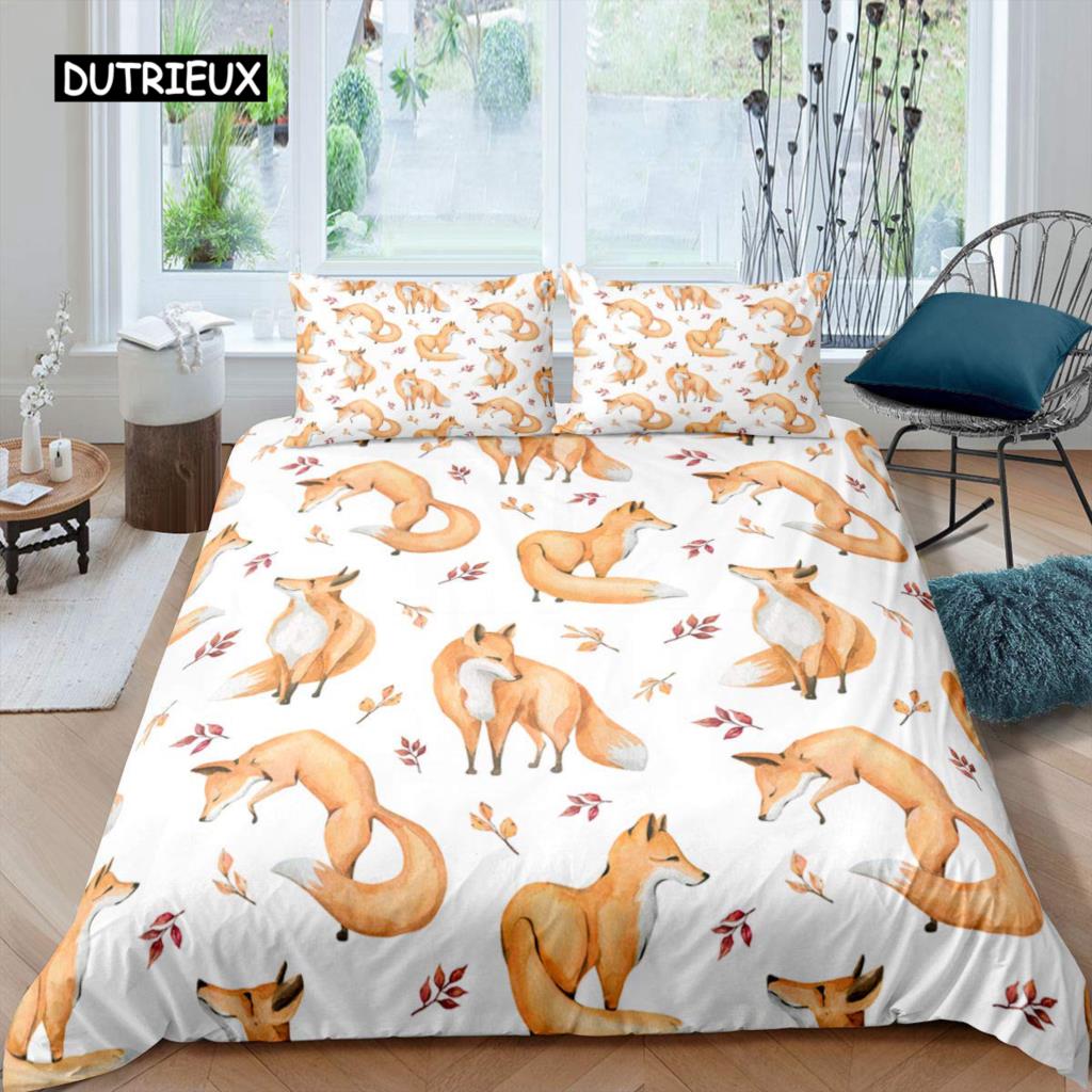 Fox Duvet Cover Set Girls Cartoon Fox Bedding Set Lovely Animal Theme Comforter Cover for Kids Teens King Polyester Quilt Cover