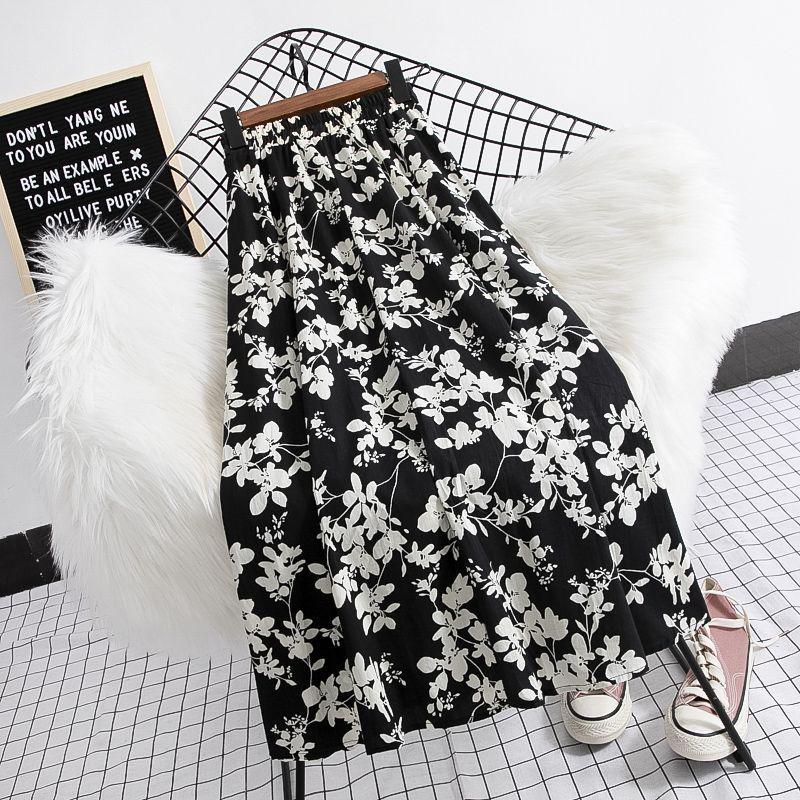 Women's Black & White Floral Chiffon Midi Skirt - High Waist A-Line Summer Style
