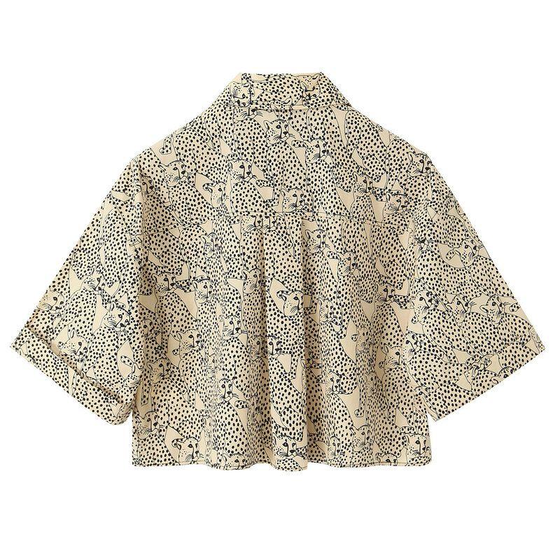 Fashion Style Summer New Women's Clothing Animal Pattern Printing Lapel Short Sleeve Short Shirt Mid Waist Shorts 8209035