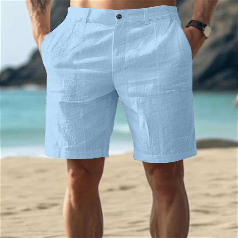 Men's Summer New Linen Beach Breathable Straight Casual Shorts Solid Color Loose Vacation Style Five-point Pants