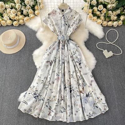 Summer Women Casual Short Sleeve Turn-down Collar Single Breasted Long Midi Print Party Dresses with Belt