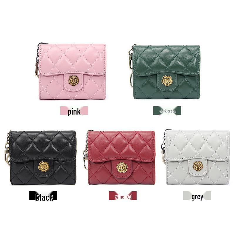 Women's Genuine Lambskin Camellia Coin Purse: Diamond Stitch, Multi-Card Slots, Small Retro Wallet