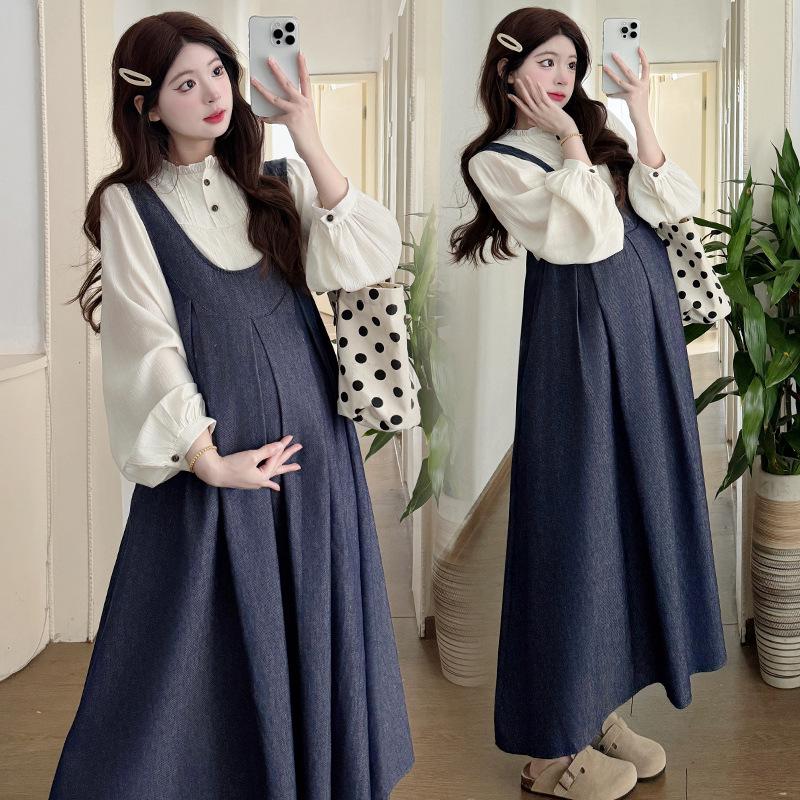 2026 Spring Korean Maternity Shirt & Denim Overalls Set M
