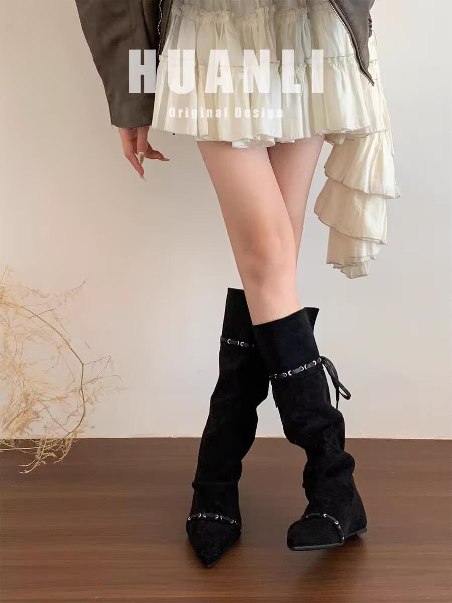 

2025 early autumn new inner suede versatile knight boots western cowgirl pointed tassel pleated piled boots 40