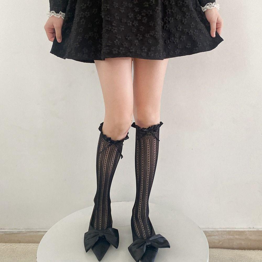 Ultra-thin Black Lace Socks Y2K Knee High Socks Japanese Style Bow Women Socks  Student