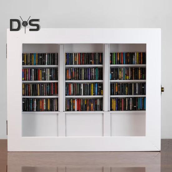 Anxiety Relief Mini Bookshelf Realistic Miniature Bookshelf Ornament with 300 Pcs Mini Book Wood Simulated Mini Bookshelf for Book Lovers Home Office