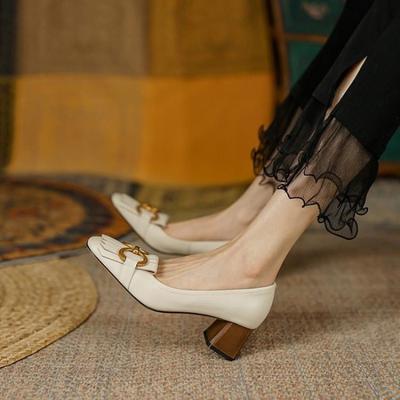 2024 Women's Shoes French Retro Metal Spring Buckle Square Toe Women's Shoes Classic Thick Heel Soft Leather Women's High Heels