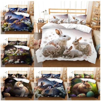 Easter Bedding Bunny Print Quilt Cover Pillowcase 2 or 3 Full Size Double Microfiber Fabric Soft Washable Zipper Home Decoration