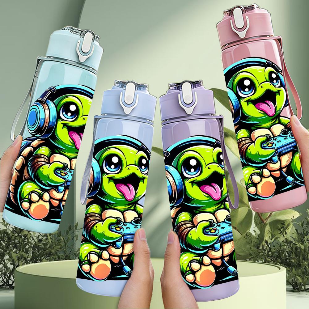 1PZ Tartaruga Giocosa Figura Cartone Animato 750ml Bottiglia d'Acqua in Plastica Colorata Tappo Ermetico con Cannuccia a Flip Per Sport Ufficio Uso Domestico